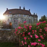 Historische Steinburg mit Fensterläden, Rosenbüsche im Vordergrund