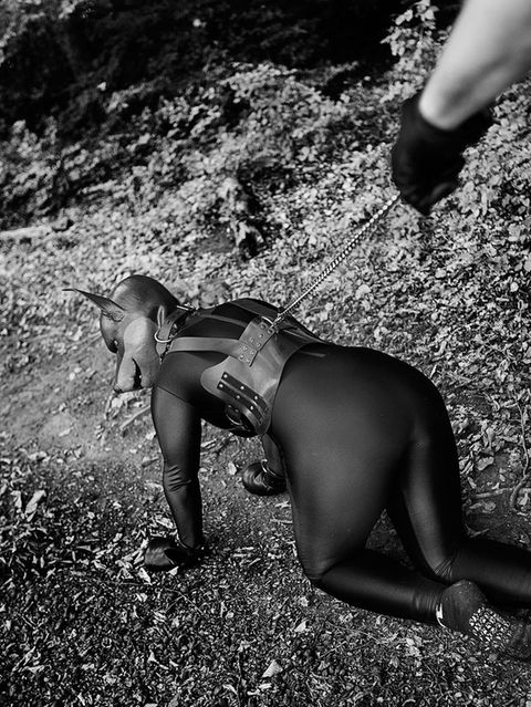 Eine als Hund verkleidete Frau lässt sich an einer Leine auf allen Vieren ausführen