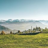 Anhöhe mit Wiese und Bahn, dahinter im Dunst verschneite Bergspitzen