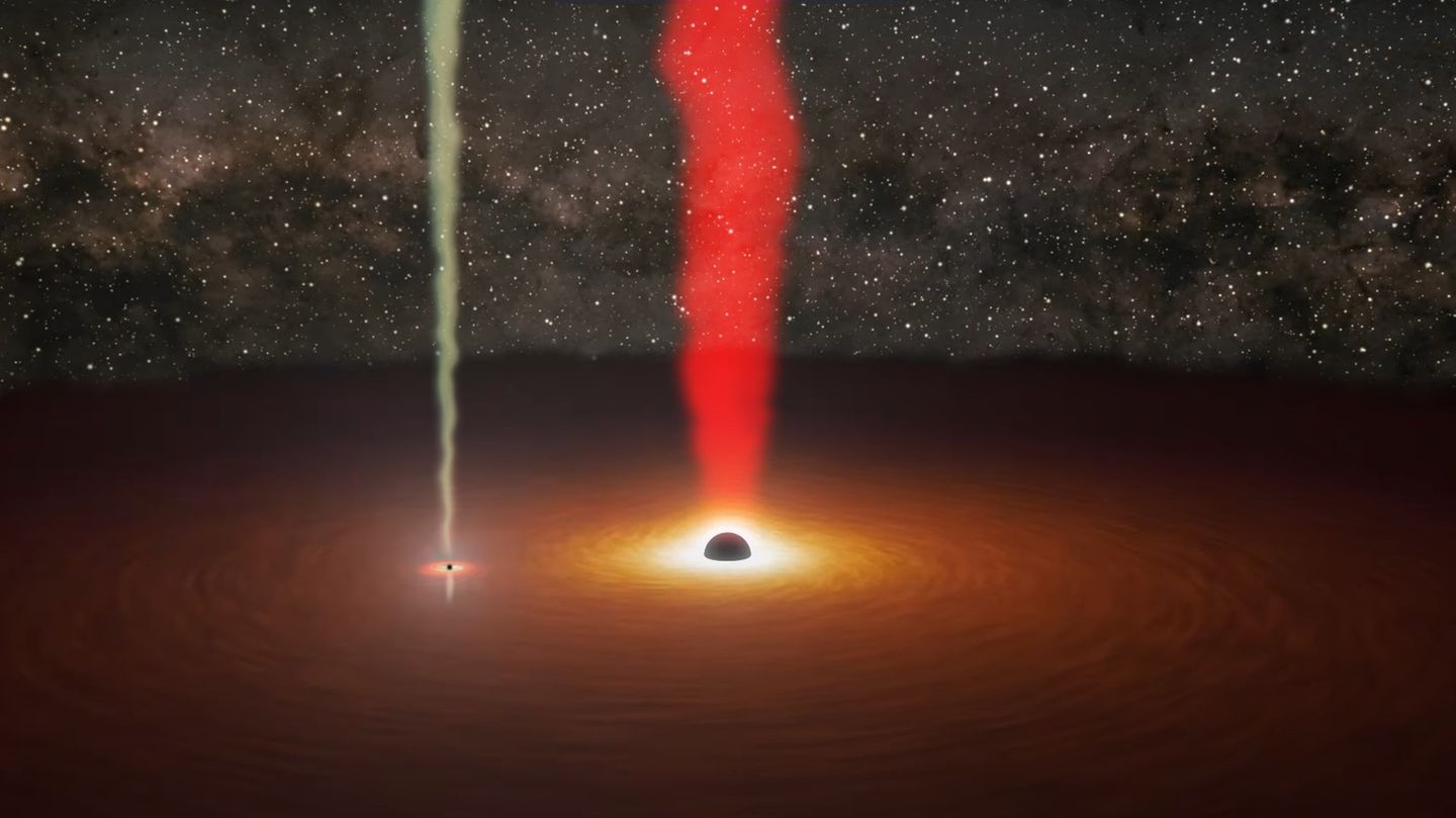 In der Galaxie OJ 287 umkreist ein kleineres Schwarzes Loch ein größere. Beide senden dabei einen Strahl aus Materie ins All: der größere Jet leuchtet rot, der kleinere gelb. Meist ist der rote Jet dominant, doch am 12. November 2021 strahlte für zwölf Stunden der gelbe stark auf. Zu dieser Zeit passierte das kleinere Schwarze Loch die Staubscheibe des größeren, wodurch der kleinere viel Futter für seinen Jet erhielt