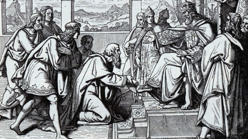 Männer knien vor Kaiser Barbarossa