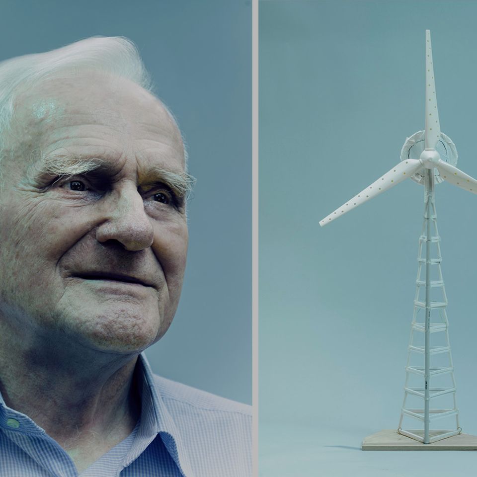 Links: Erfinder Horst Bendix. Rechts: Das Modell seines Höhenwindrads