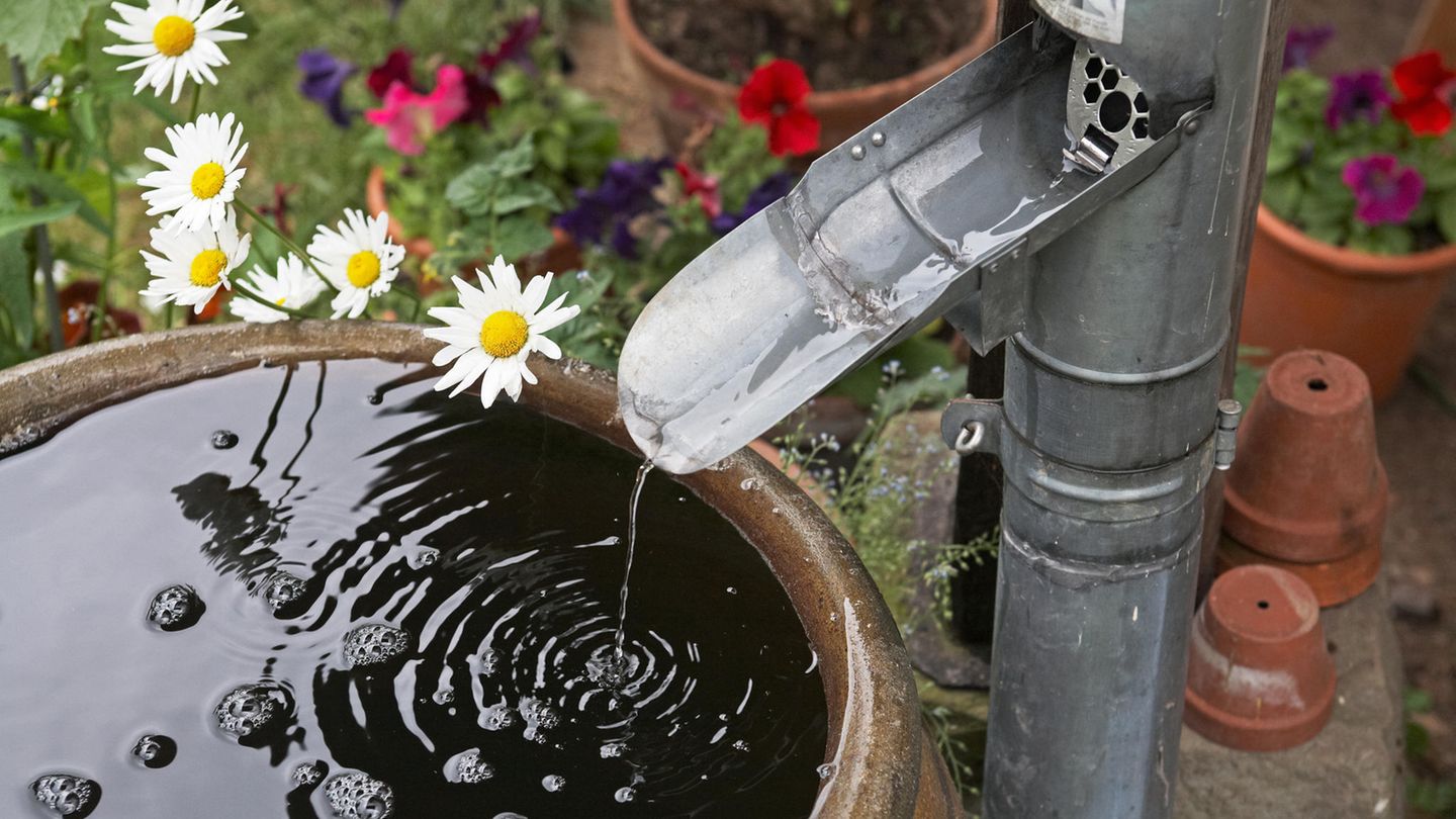 Wasser fließt in eine Regentonne