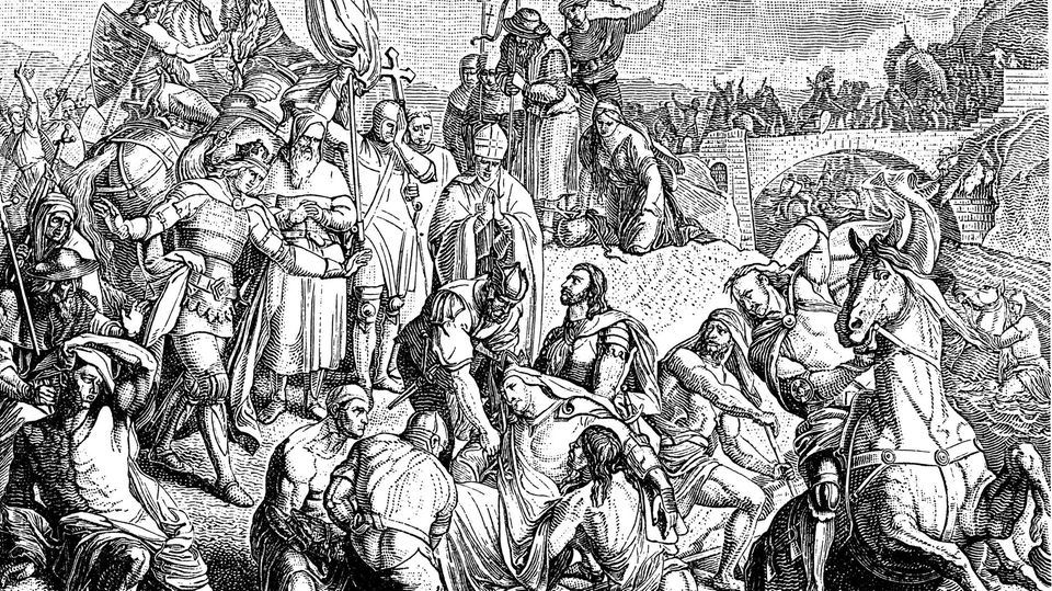 Mehrere Männer tragen die Leiche von Barbarossa aus einem Fluss
