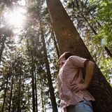Mann schaut in einem Wald nach oben