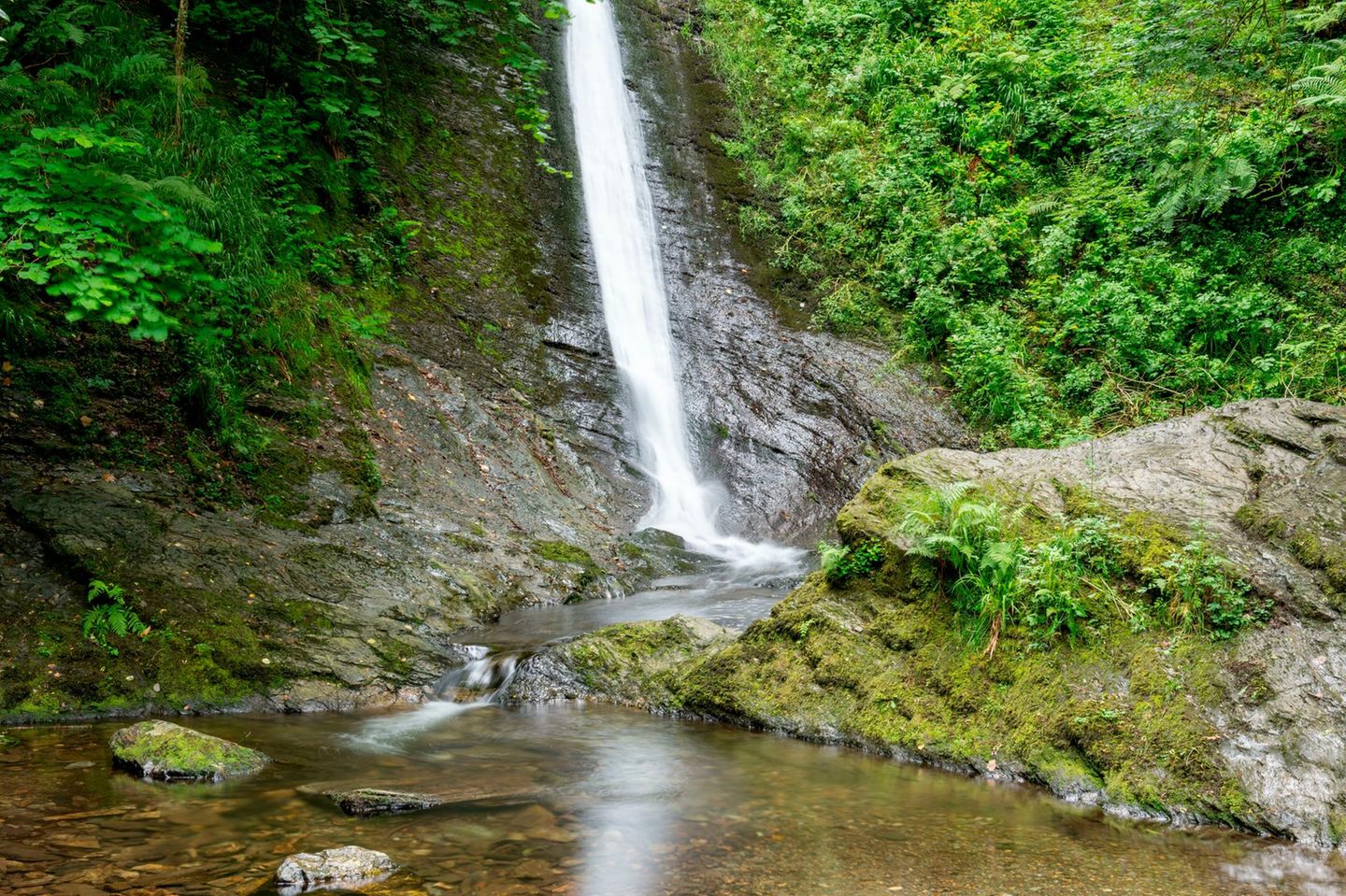 Lydford Gorge: Imposante Schlucht mit Wasserfall Ein Wasserfall in der Lydford Gorge
