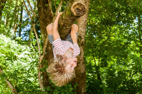 EIn Junge hängt kopfüber vom Baum