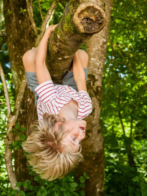 EIn Junge hängt kopfüber vom Baum