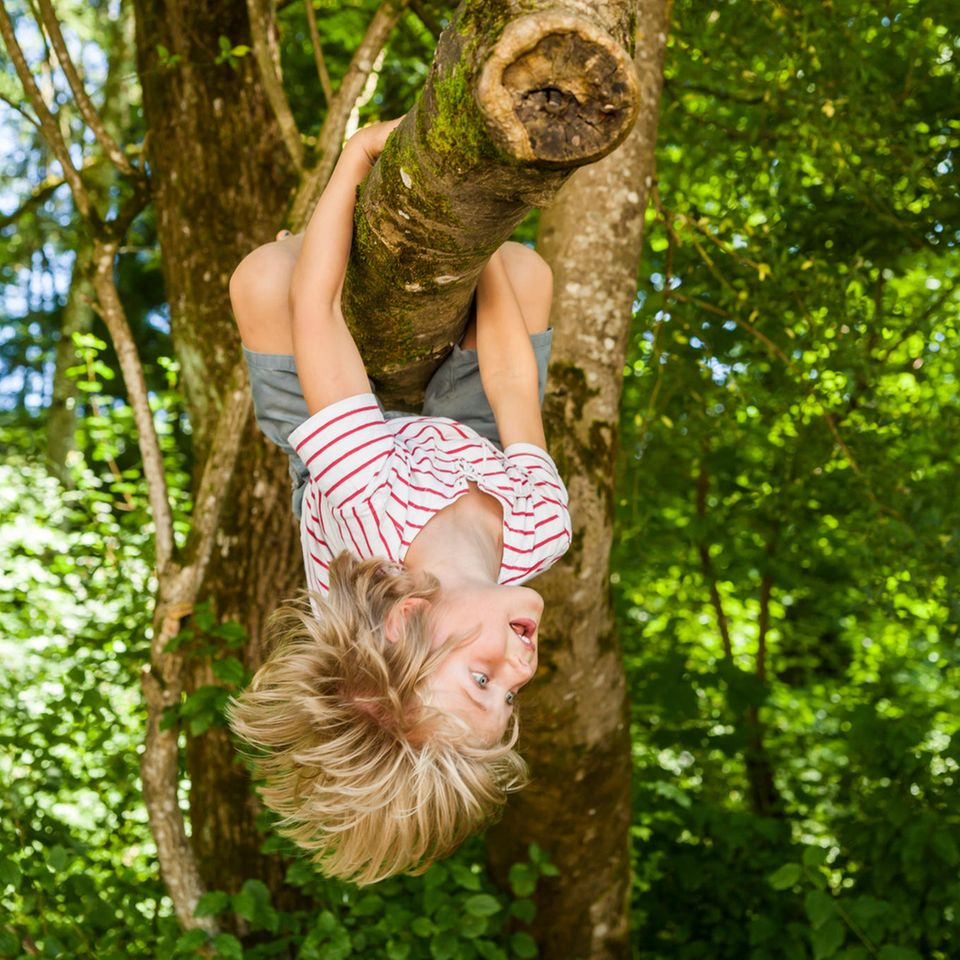 EIn Junge hängt kopfüber vom Baum