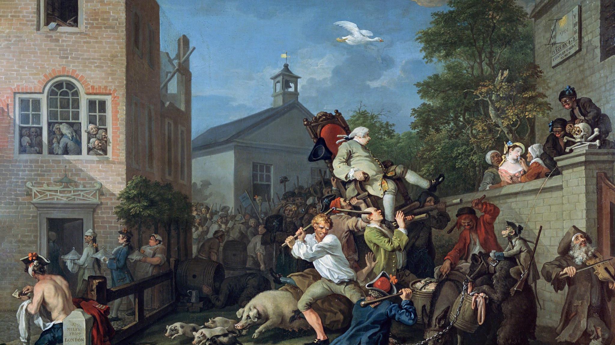 Gemälde zeigt Menschentumult. Ein adliger Mann wird auf einem Thron durch die Menschen getragen.
