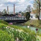 Schornstein, alte Gebäude, davor ein blühender Garten am Kanal