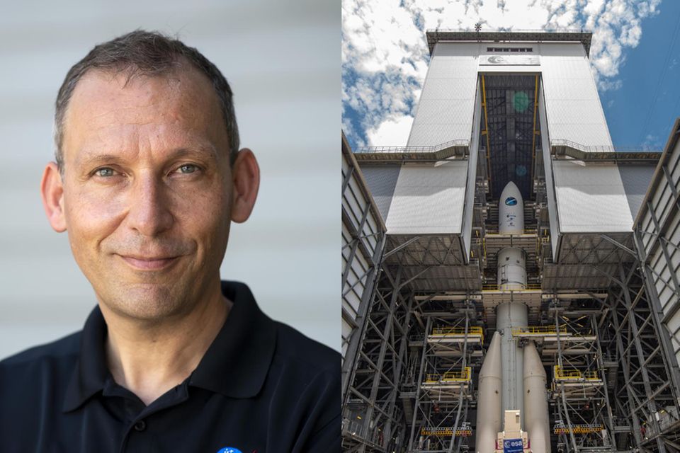 Raumfahrtmanager Thomas Zurbuchen und die voll montierte Rakete Ariane 6 1.3333