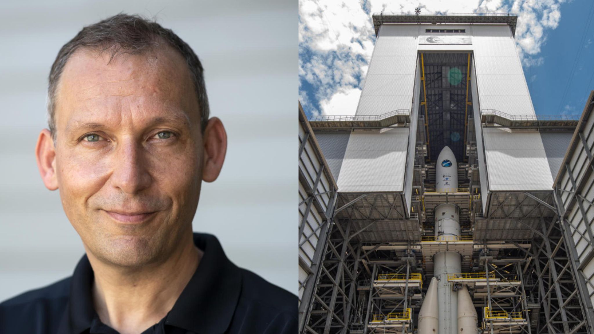 Raumfahrtmanager Thomas Zurbuchen und die voll montierte Rakete Ariane 6