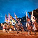 Eine Gruppe von Menschen auf Pferden, die Fahnen tragen und für eine Show sorgen