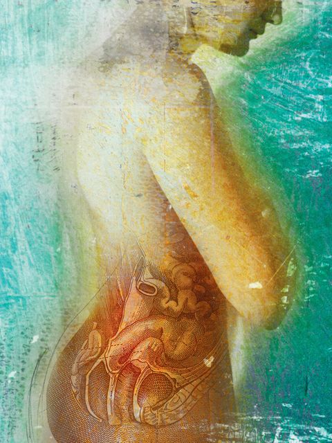 Zeichnung eines weiblichen Körpers mit transparentem Magen-Darm-Bereich