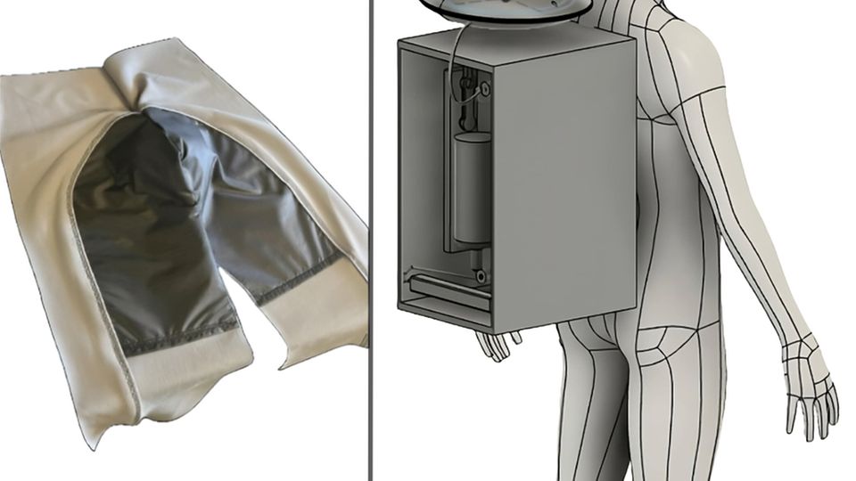 Radlerhose und Zeichnung eines Menschen mit kastenförmigem Rucksack