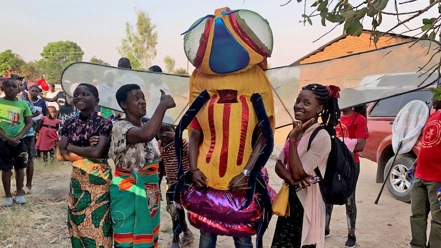 Mensch steckt in Fliegenkostüm