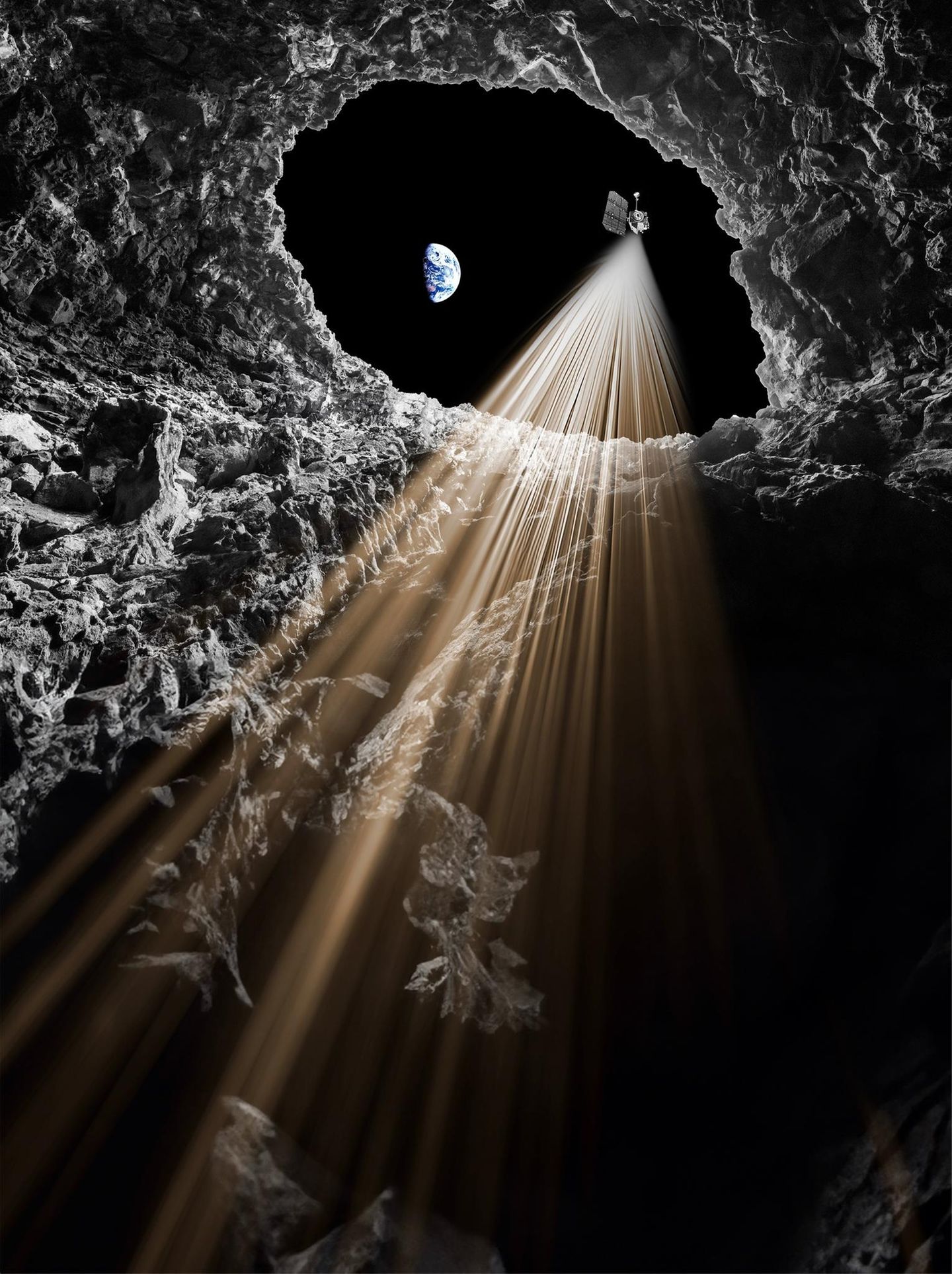 Höhle im Mond wird angestrahlt