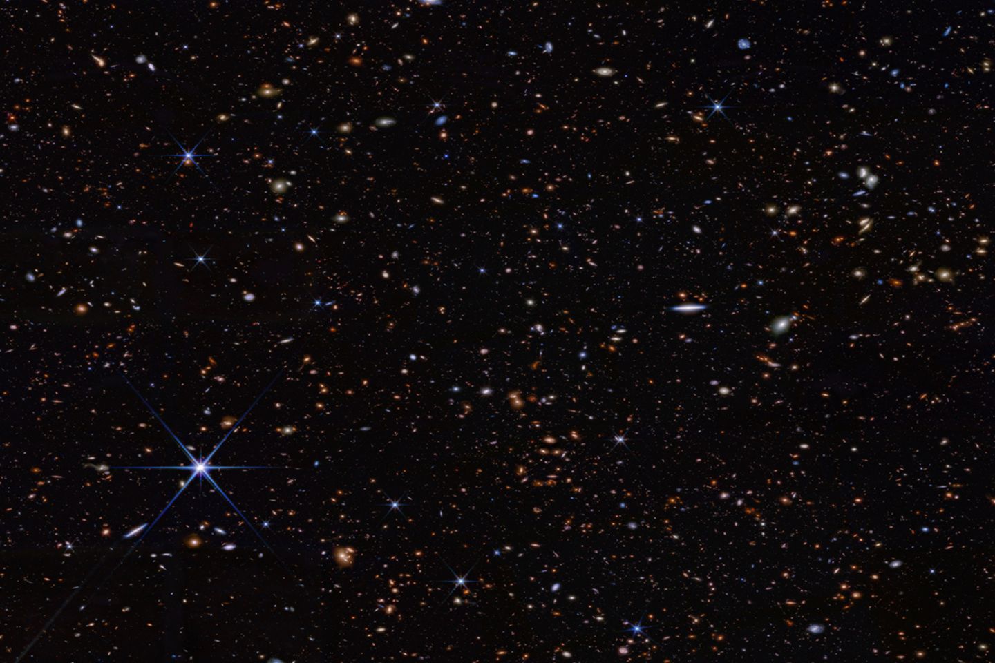 Foto des Alls mit viel Dunkler Fläche und vereinzelten Sternen und Galaxien