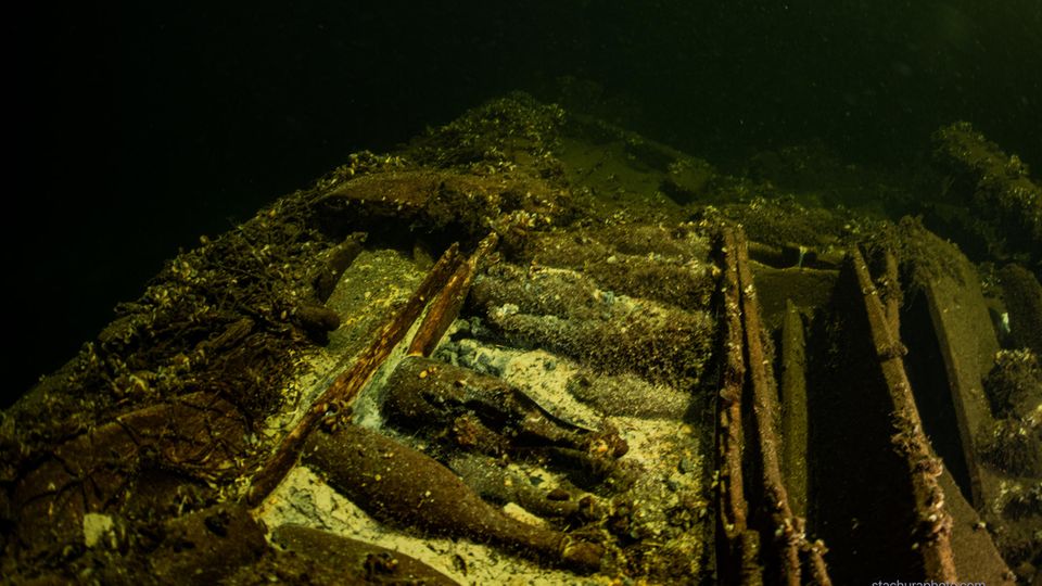 Trotz Schlamm und Algen noch kenntlich: Die Stempel auf den gefunden Champagner- und Mineralwasserflaschen deuten darauf hin, das sie vor circa 150 bis 170 Jahren befüllt wurden