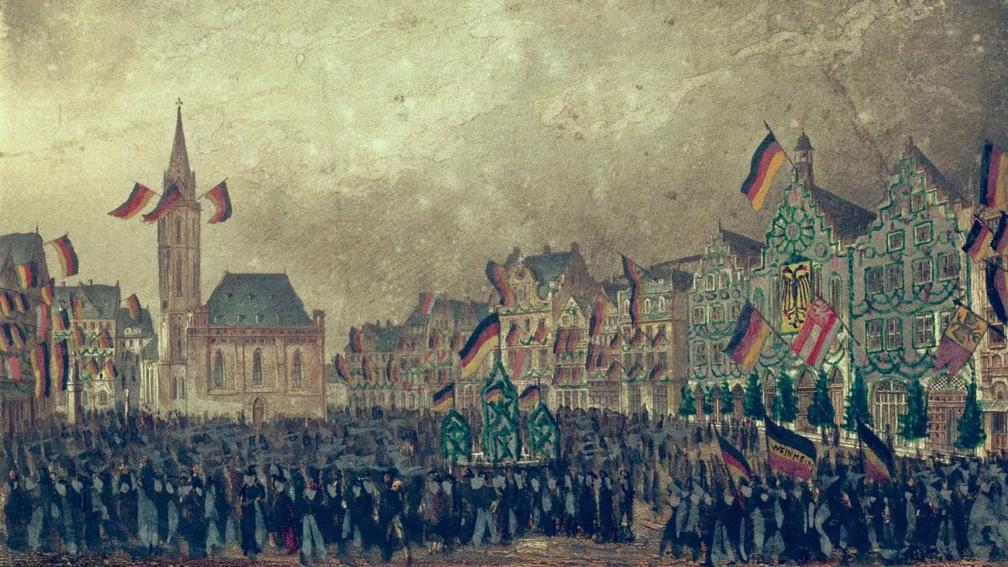 1848:  Quer durchs Land rebellieren Menschen für Freiheit und Demokratie. Immerhin ein Jahr lang tritt in der Frankfurter Paulskirche das erste gesamtdeutsche Parlament zusammen. Zwar scheitert die Revolution. Doch einige der vom Paulskirchen-Parlament beschlossenen Grundrechte, die Würde und Freiheit der Bürgerinnen und Bürger schützen, stehen heute in unserem Grundgesetz.