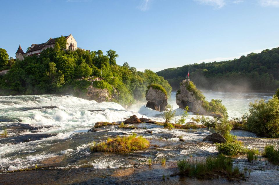 Die Landschaft des Rheinfalls im Abendlicht, Blick über das Wasser in Richtung des Schlosses Laufen 1.914