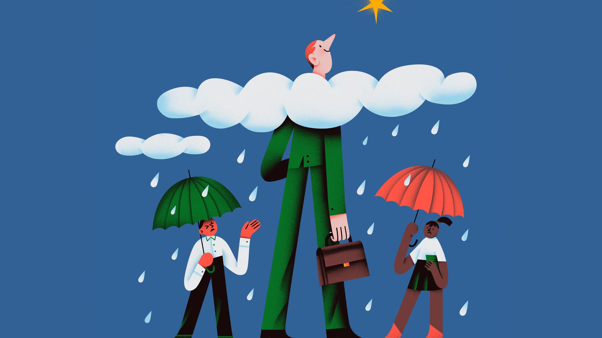 Ein Mann streckt seinen Kopf durch Regenwolken