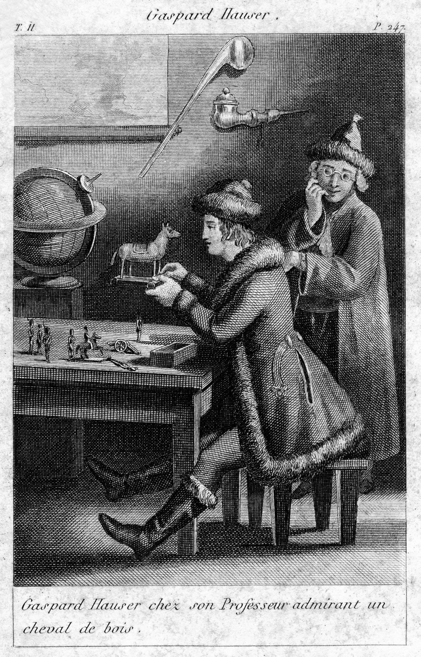 Diese Zeichnung von 1841 zeigt Kaspar Hauser mit einem Lehrer; er bewundert ein Spielzeugpferd. In seinem Verlies, so erzählte er, habe er nur drei Holztiere zum Spielen besessen