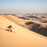 Jemand beim Sandboarden im Sand von Peru