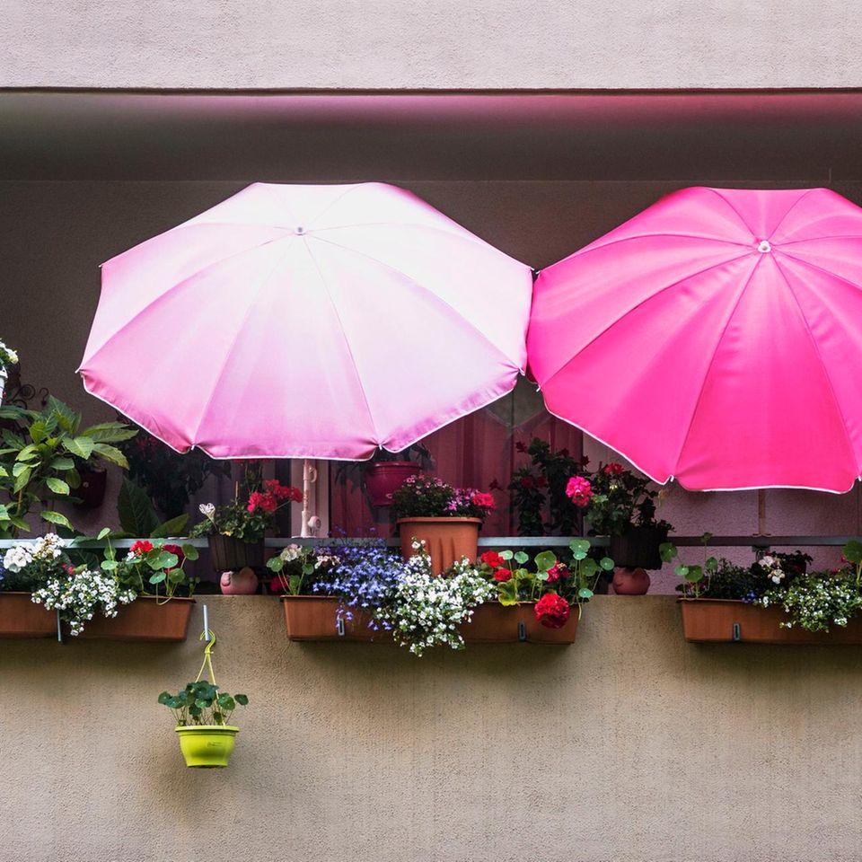 Balkon mit Blumenkästen und zwei rosafarbenen Sonnenschirmen