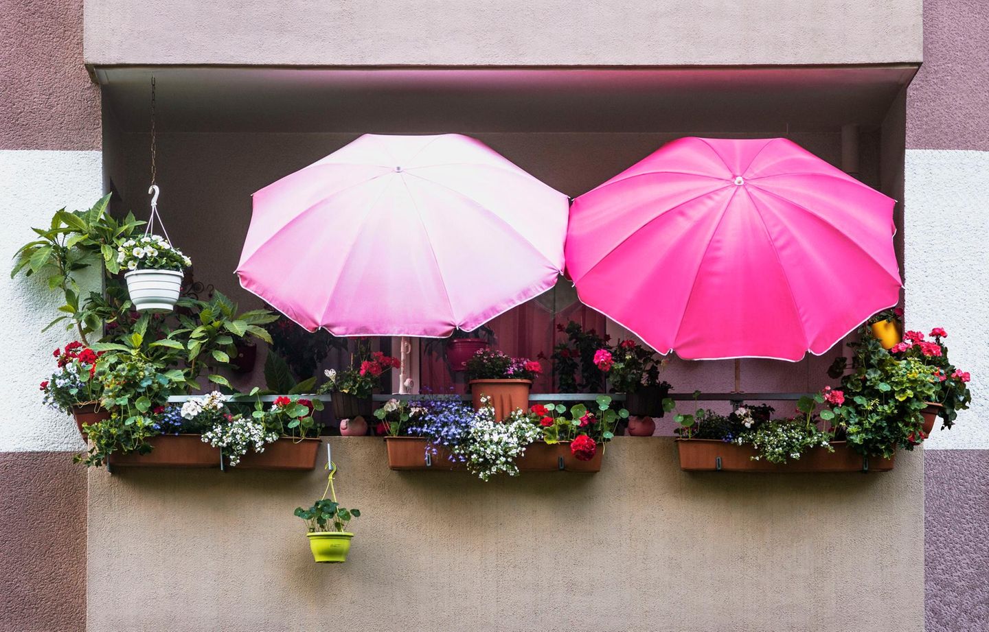Balkon mit Blumenkästen und zwei rosafarbenen Sonnenschirmen