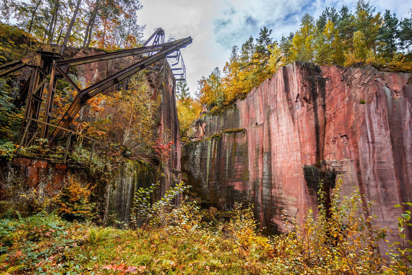 Der rund 350 Meter hohe Rochlitzer Berg in Sachsen ist seit über 900 Jahren Abbaugebiet für den Rochlitzer Porphyrtuff. Das markant rote Gestein entstand vor 290 Millionen Jahren als Sediment eines Supervulkans – und diente in historischer Zeit und weit über die Region hinaus als Baustoff, unter anderem für Kirchen und Stadtmauern. Die alten Gebäude in den Steinbrüchen und die mit Wasser gefüllten Gruben bieten heute Fledermäusen, Waldvögeln, Lurchen und Siebenschläfern einen vielfältigen Lebensraum. Erkunden lässt sich der Berg auf dem 2,7 Kilometer langen Porphyrlehrpfad.