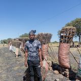 Ein Mann verkauft am Straßenrand riesige Bündel Holzkohle