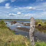 Zwei Elektrodrähte führen an einem Pfahl entlang. Der einfache Zaun steht am Sambesi-Fluss