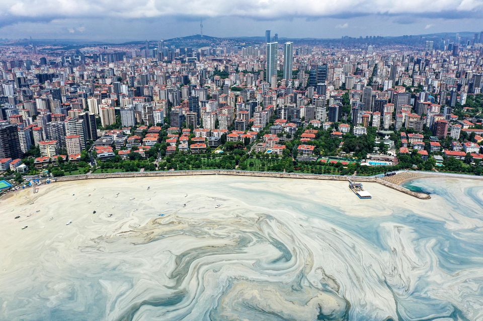 Türkei: Ein heller Schleimteppich sammelt an der Oberfläche des Marmarameeres an der Küste vor Istanbul