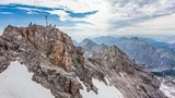 Germany, Bavaria, Bavarian Alps, Wetterstein Range, view of the Zugspitze summit cross, Germany"u2019s highest mountain at 2962 metres