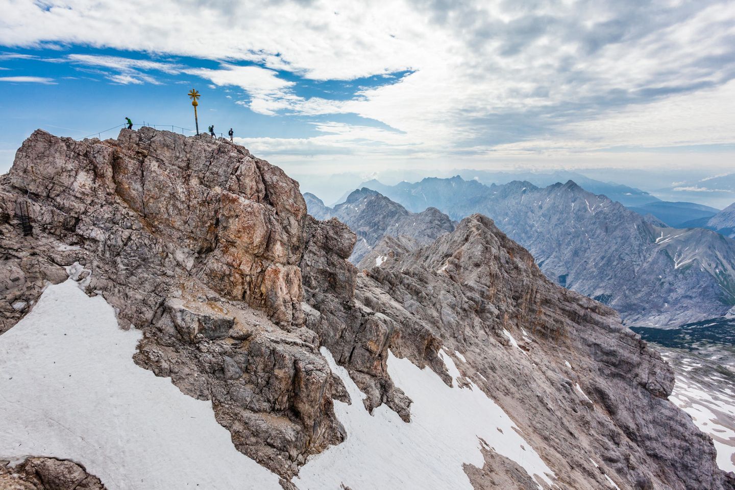 Germany, Bavaria, Bavarian Alps, Wetterstein Range, view of the Zugspitze summit cross, Germany"u2019s highest mountain at 2962 metres