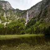 Germany, Bavaria, Berchtesgaden, Roethbach Waterfall, Lake Obersee