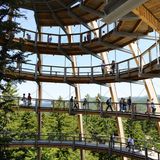zahlreiche Besucher auf dem spiralfoermigen Weg des Aussichtsturms des Baumwipfelpfades im Nationalpark Bayerischer Wald, Deutschland, Bayern, Bayerischer Wald Nationalpark, 