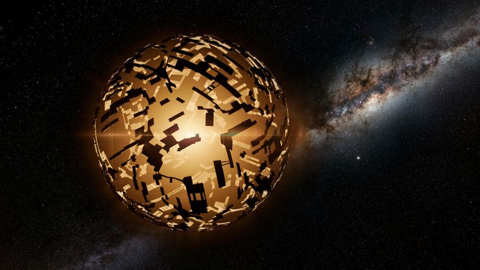 SETI-Forschung: Um Alienzivilisationen zu entdecken, halten manche Forschende nach Dysonsphären Ausschau: hypothetischen Megakonstruktionen, mit denen die Außerirdischen das gesamte Licht ihres Heimatsterns einfangen Um Alienzivilisationen zu entdecken, halten manche Forschende nach Dysonsphären Ausschau: hypothetischen Megakonstruktionen, mit denen die Außerirdischen das gesamte Licht ihres Heimatsterns einfangen
