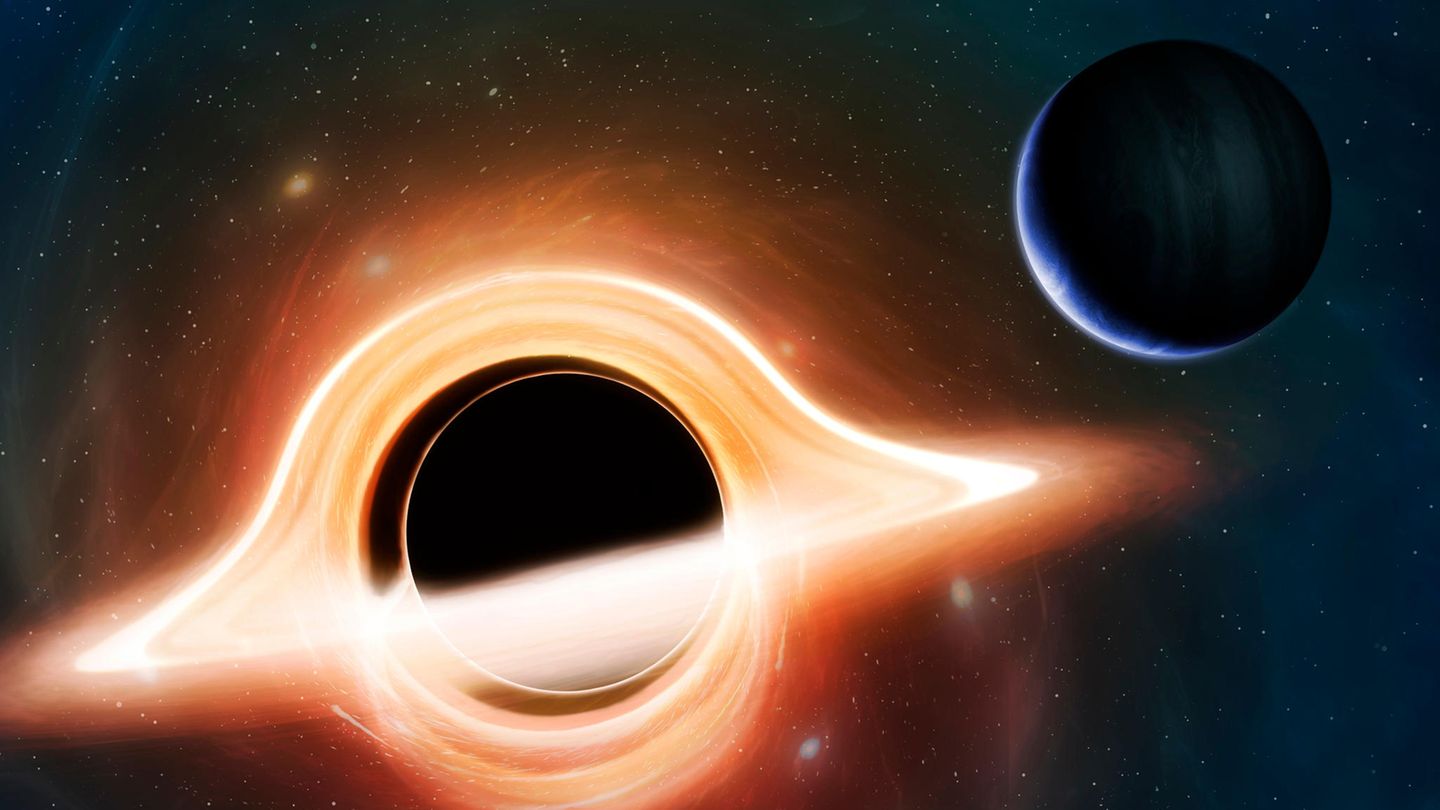 Schwere Schwarze Löcher sammeln um sich einen Ring aus Staub an, der sich erhitzt und leuchtet, wie in der Illustration dargestellt. Das nun vorgestellte Szenario geht von einem kleinen Schwarzen Loch aus: Dieses sendet Licht in Form von Hawking-Strahlung aus und könnte so einen nahen Planeten erwärmen