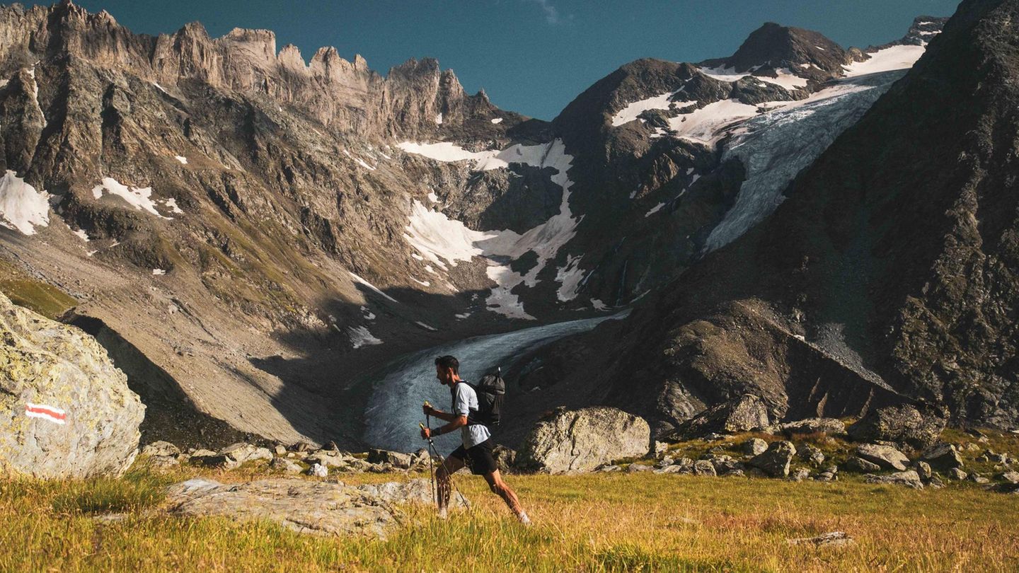 Kilian Jornet läuft über Alpenwiese mit Bergmassiv Grand Combin im Hintergrund