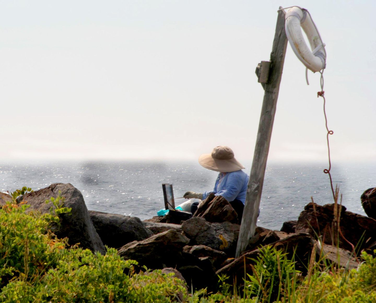 Neuenglands malerische Künstler-Insel: Monhegan Island Ein Künstler, der auf Felsen der Monhegan-Insel malt