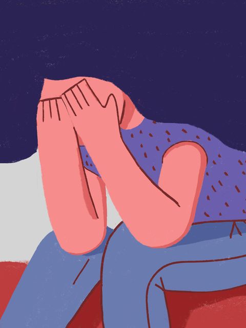 Illustration einer Frau in Verzweiflung und Angst. Sitzt und bedeckt ihr Gesicht mit seinen Händen