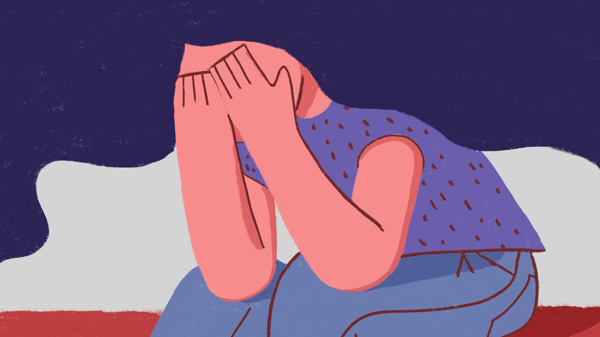 Weinen Illustration einer Frau in Verzweiflung und Angst. Sitzt und bedeckt ihr Gesicht mit seinen Händen