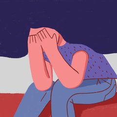 Illustration einer Frau in Verzweiflung und Angst. Sitzt und bedeckt ihr Gesicht mit seinen Händen