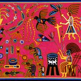 In vielen indigenen Kulturen Amerikas spielen psychoaktive Substanzen eine wichtige Rolle für Mythen und Rituale. Etwa der Peyote-Kaktus, der im Norden Mexikos und im Süden der USA wächst. Er löst nicht nur Übelkeit und Erbrechen, sondern dank des Wirkstoffs Meskalin auch spektakuläre Visionen aus. Tutukila Carrillo Sandoval, Schöpfer dieses Bildes, gehört dem Volk der Wixárika an. Takutsi (unten rechts) – eines jener Geisterwesen, die einst die Welt schufen – wird darauf vom kannibalischen Stamm der Hewixi verraten. Doch Takutsi verhext ihre Verfolger und verschafft den Pilgern ihrer Gemeinschaft freies Geleit, damit sie Hirsche jagen und Peyote für ihre spirituellen Zeremonien sammeln können.     Bild mit Genehmigung: Erika Dyck, "Rausch – Eine  Kulturgeschichte der Psychedelika", Haupt Verlag