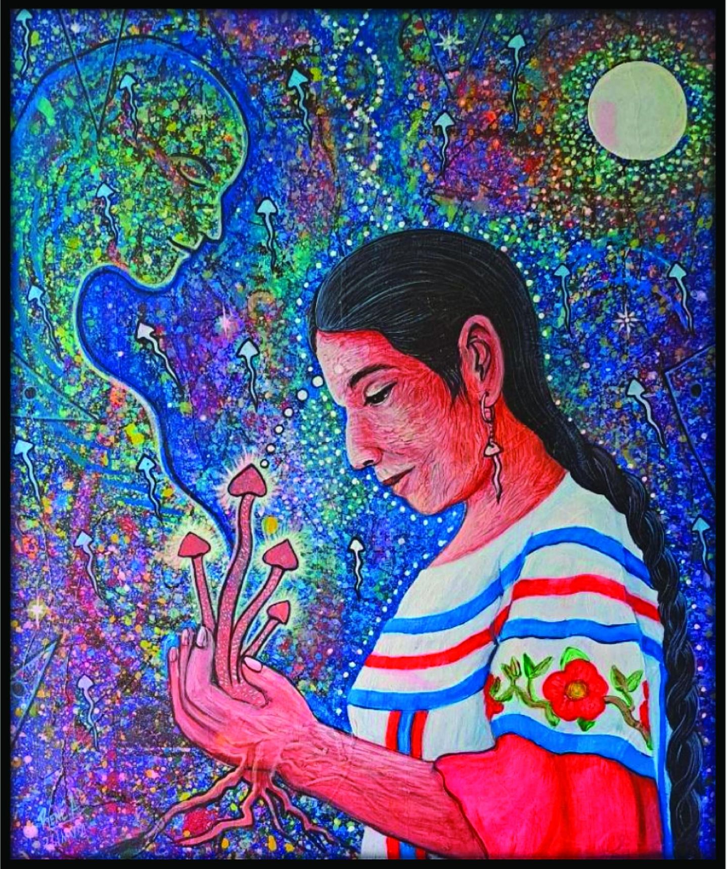 Seele und Natur im Gleichklang Dieses Werk des mexikanischen Künstlers René Alvarado Martínez trägt den Titel "La Mazateca y su espiritualidad" (Die Mazateca und ihre Spiritualität). Es spiegelt die symbiotische Beziehung zwischen dem Volk der Mazateken und der Natur wider, die sich nach dem Verzehr der Pilze, der "Heiligen Kinder", einstellt. Während viele indigene Gruppen ein umfangreiches Wissen über die heilsame Wirkung psychoaktiver Pflanzen und Pilze pflegen, entdeckt die westliche Medizin Psychedelika gerade erst wieder: als Mittel, um psychische Leiden wie Depressionen und posttraumatische Belastungsstörungen zu lindern. Bild mit Genehmigung: Erika Dyck, "Rausch – Eine Kulturgeschichte der Psychedelika", Haupt Verlag
