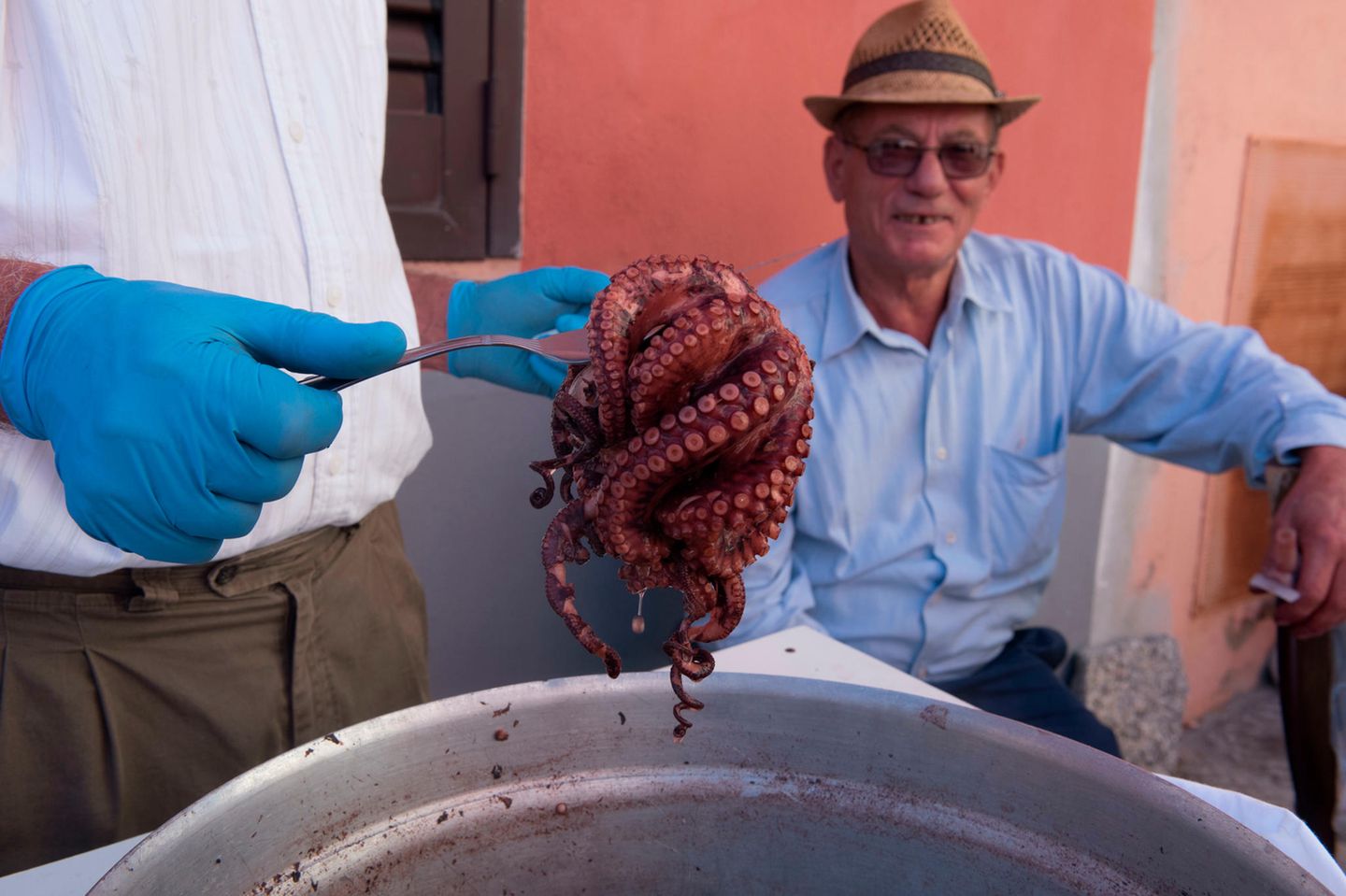 Frisch gekochter Tintenfisch wird aus dem Topf gehoben