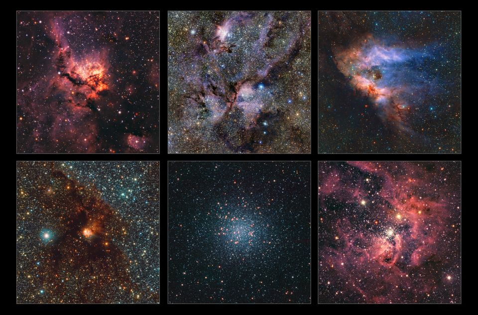 Kleine Auswahl von Regionen der Milchstraße. Von links nach rechts und von oben nach unten: NGC 3576, NGC 6357, Messier 17, NGC 6188, Messier 22 und NGC 3603. Bei allen handelt es sich um Gas- und Staubwolken, in denen sich Sterne bilden, mit Ausnahme von Messier 22, das eine sehr dichte Gruppe von alten Sternen ist